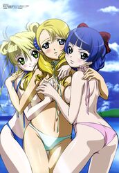 3girls aeru ass bikini blonde_hair blue_eyes blue_hair blush braid breast_press breasts choker covering female green_eyes hair_ornament high_resolution hug mamiina megami multiple_girls nishida_asako simoun swimsuit topless yun yuri