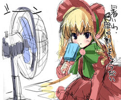 blonde_hair clothed cooling_off dress electric_fan fan female female_focus female_only japanese_text popsicle rozen_maiden shinku solo solo_female text