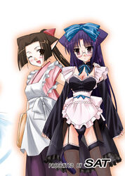 2girls animal_ears apron black_dress black_eyes black_hair black_legwear black_panties black_thighhighs blush bow breasts cat_ears cleavage dress duo female female_only frilled_thighhighs frills glasses hairbow hug human japanese_clothes long_hair maid multiple_girls panties ponytail purple_eyes purple_hair sata standing stockings thighhighs tied_hair underwear wink