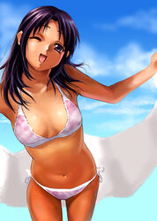 :3 bikini female kurusugawa_ayaka long_hair purple_eyes purple_hair shihira_tatsuya side-tie_bikini small_breasts smile solo swimsuit to_heart to_heart_(series) towel wink