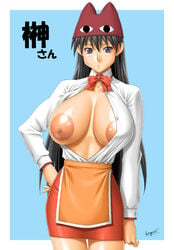 areola areola_slip areolae azumanga_daiou blue_background breasts clothing female female_only gegera huge_breasts human large_areolae large_breasts nipples puffy_nipples sakaki shiny skirt solo waitress white_background