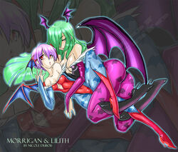 2demons 2girls ass blue_legwear blue_pantyhose capcom character_name clothing darkstalkers demon_girl female flat_chest head_wings headwings incest lilith_aensland morrigan_aensland multiple_girls nicole_dubois pantyhose print_pantyhose purple_legwear purple_pantyhose siblings sister sisters small_breasts succubi succubus succubus_wings tights vampire_savior wings yuri zoom_layer