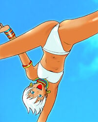 3rd_strike blue_eyes capcom capoeira dark-skinned_female dark_skin earrings elena_(street_fighter) female female_only happy human jewelry midriff neck_ring short_hair solo straight_hair street_fighter street_fighter_iii street_fighter_iii:_3rd_strike upside-down white_hair