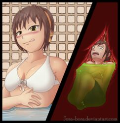 1boy 1girls bath blush breasts brown_hair digestion female hair_ribbon inside_view internal internal_view jorabora male miniboy stomach swallowed_whole swimsuit tongue vore white_bikini x-ray yellow_eyes