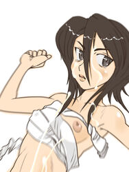 bandage bandages black_hair bleach cum facial grey_eyes hair_between_eyes kuchiki_rukia nipple_slip nipples sarashi solo suesan