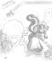 1girls 2010 accidental_fart animal_ear bending_over bent_over bird black_and_white blush bubble_butt dress embarrassed fart fart_cloud female flower flying fully_clothed hand_drawn japanese_text kemonomimi maid original sbd_(artist) simple_background sketch skirt skunk skunk_ears skunk_girl smell solo surprised tail wilting_flowers wilting_plants