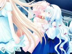 3girls animal_ear blonde_hair blush bow closed_eyes collar detached_sleeves dog_ear dog_tail dress female game_cg hair_ribbon hairband hairbow kissing lily_(wanko) long_hair multiple_girls mutual_yuri night outdoors pink_hair ribbon sakurazawa_izumi tail touko_(wanko_to_lily) very_long_hair wanko wanko_to_lily white_hair yuri