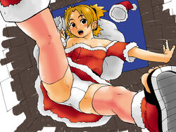 alternate_costume black_eyes blonde_hair blush christmas dress female female_only from_below hat hat_removed headwear_removed human naruto panties pink_legwear pink_thighhighs quad_tails red_dress sandals santa santa_costume solo standing_over_viewer temari teriyaki thighhighs underwear upskirt white_panties