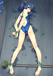 angry ass barefoot blue_eyes blue_hair bondage bound bound_wrists color competition_swimsuit feet grimace highres human imminent_rape kneepits leash legs long_legs looking_back lying medium_breasts mop murakami_suigun on_stomach one-piece_swimsuit ponytail small_breasts soles spreader_bar swimsuit tears tied_hair toes trefoil wet