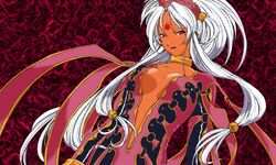 1girls breasts cleavage clothing dark-skinned_female dark_skin demon demon_girl facial_mark female forehead_mark fujishima_kousuke hild humanoid long_hair mature milf mother oh_my_goddess! purple_eyes small_breasts solo white_hair