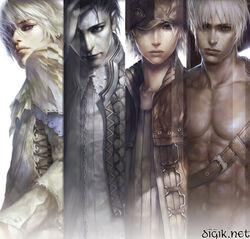 4boys belt coat column_lineup expressionless hat male male_only multiple_boys muscles muscular watermark zera