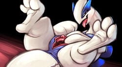 1girls 2018 3_fingers 3_toes absurd_res anus ass avian big_feet big_hands big_tail black_background blue_skin carrot_(artist) clitoris drooling erect_clitoris fangs feet female female_only gaping gaping_pussy half-closed_eyes hi_res legendary_pokémon legs_up long_neck lugia lying nintendo nude on_back open_mouth pokemon pokemon_(species) pokemon_gsc pussy pussy_juice red_background red_eyes saliva seductive slightly_chubby soles solo spread_legs tail teeth thick_thighs toes tongue tongue_out urethra video_games white_skin wide_hips wings