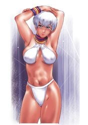 3rd_strike armpits arms_up capcom dark-skinned_female dark_skin elena_(street_fighter) erect_nipples female female_only human jewelry mine_(peak) muscle neck_ring short_hair silver_eyes solo straight_hair street_fighter street_fighter_iii street_fighter_iii:_3rd_strike white_hair