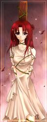 1girls bondage bound_to_pole dress expressionless female highres long_hair red_eyes red_hair solo tears thorns tied_to_pole tied_up torn_clothes vines