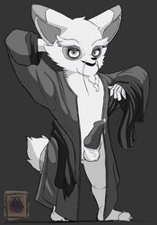 2018 animal_genitalia anthro balls clothed clothing cum doritomon elder erection facial_hair fluffy fluffy_tail japanese_clothing kung_fu_panda looking_at_viewer male male_only mammal master_shifu mature_male moustache old partially_clothed penis pose red_panda robe simple_background smile solo