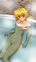 female bamboo_(artist) bath blonde_hair blush censored flat_chest ijuin_mei ijuuin_mei kitamura_(bamboo) navel nipples nude purple_hair pussy short_hair sitting smile solo steam submerged tokimeki_memorial tokimeki_memorial_2 water