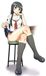 blush crossed_legs footwear futami_eriko kimi_kiss kneehighs legs_crossed long_hair school_uniform seifuku serafuku shoes sitting skirt skirt_lift smile socks solo thighs unagimaru