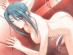 against_wall game_cg human iwakura_natsuki jpeg_artifacts masturbation nude pia_carrot_(series) red_background shower solo welcome_to_pia_carrot_3