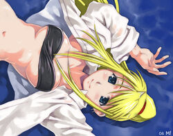 2004 bandeau blonde_hair blue_eyes breasts clothes color female female_only fullmetal_alchemist hair human looking_at_viewer lowres lying maruto maruto! on_back open_clothes open_eyes open_shirt ponytail shirt smile solo tied_hair tubetop winry_rockbell