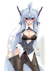 1girls black_panties blue_hair blush bra breasts cleavage female hairan highres kos-mos large_breasts lingerie long_hair panties panties_under_pantyhose pantyhose pantyhose_pull red_eyes robot_ears solo underwear xenosaga xenosaga_episode_iii