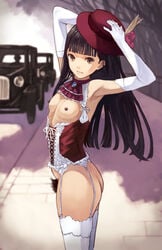 bangs black_hair blunt_bangs breasts brown_eyes dark_nipples elbow_gloves female flat_chest gloves hat highres long_hair looking_at_viewer navel nipples original pubic_hair skinny small_breasts solo thighhighs white_gloves yuzawa