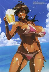 beach beer bikini bikini_tan breasts brown_hair cameltoe dark_skin drunk highres masane_amaha megami nipples ocean panties scan swimsuit tan tanline thong volume76 witchblade