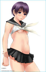 ambiguous_gender belly black_skirt breasts mimura_kaoru navel purple_eyes purple_hair school_uniform seifuku serafuku short_hair short_skirt skirt small_breasts standing underboob undersized_clothes very_short_hair