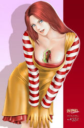 1girls blue_eyes boob_burger breasts cleavage clothes color female female_only food front_view genderswap_(mtf) gloves hamburger human long_hair looking_at_viewer mcdonald's mcgrand nonude red_hair ronald_mcdonald rule_63 solo toten_(artist) translation_request your_order_is_ready_(meme)