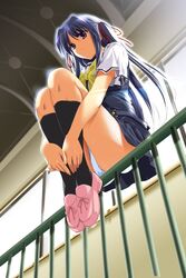 black_kneehighs black_legwear blue_hair blue_panties fence footwear from_below fumio fumio_(ura_fmo) game_cg hair_ribbon kneehighs long_hair nagasumi_mana panties pantyshot pantyshot_(sitting) pantyshot_sitting purple_eyes ribbon school_uniform seifuku serafuku sitting socks solo sorauta thighs tied_hair twintails underwear upskirt