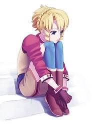 blonde_hair blue_eyes boots drill_hair gloves iwai_ryo iwai_ryou kneehighs leg_hug pacifica_casull scrapped_princess short_hair sitting solo stairs