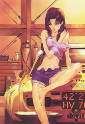 1girls barefoot breasts car clothing cutoffs denim denim_shorts earrings feet female female_only highres human jewelry large_breasts midriff misato_katsuragi motor_vehicle navel neon_genesis_evangelion okazaki_takeshi open_fly purple_eyes purple_hair renault_alpine_a310 short_shorts shorts solo strap_slip unzipped vehicle