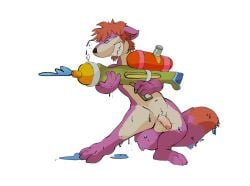 anthro balls biped blitzstoat_(gyro) blue_eyes casual_nudity countershading fur genitals hi_res male mammal markings mustelid musteline oselotti paws penis purple_body red_markings stoat super_soaker tan_body toy toy_gun true_musteline water_gun weasel wet wet_body wet_fur