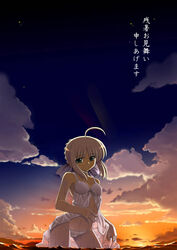 ahoge babydoll blonde_hair fate/stay_night fate_(series) green_eyes lingerie namonashi panties saber sky solo sunset swimsuit twilight underwear underwear_only wading water wet white_panties zanshomimai