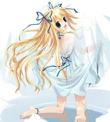 anklet barefoot blonde_hair blue_eyes jewelry kneeling long_hair open_mouth original ribbon sazaki_ichiri skirt skirt_lift smile very_long_hair