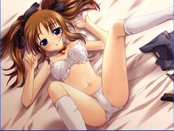 bed bell bell_collar blue_eyes blush bow_bra bra brown_hair collar footwear frilled_bra frills game_cg hair_ribbon jpeg_artifacts kneehighs lace-trimmed_bra lace-trimmed_panties legs_up lingerie lying midriff on_back panties ribbon socks spread_legs suika_(game) sweat tied_hair twintails underwear underwear_only wakabayashi_mie white_bra white_kneehighs white_legwear white_panties