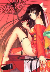 1girls barefoot black_hair brown_eyes feet female female_only hands highres japanese_clothes kimono long_hair okobo oriental_umbrella sake sandals solo taka_tony thigh_strap umbrella