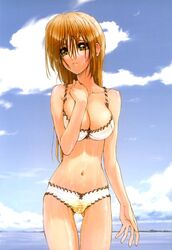 bikini blush breasts brown_eyes brown_hair cameltoe cleavage clenched_teeth cloud dead_or_alive embarrassed female female_only human human_only kasumi_(doa) large_breasts long_hair navel outdoors peeing peeing_panties peeing_self pubic_hair scan see-through sky solo standing swimsuit tekuteku_(yuuhodou) thigh_gap water wet wet_hair wetting white_bikini white_swimsuit yellow_eyes