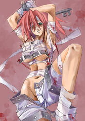 a.b.a akaten armpits bandage blood blood_stain bloody_bandage clothes color eye_bags fingerless_gloves front_view gloves green_eyes guilty_gear homunculus key red_blood red_hair shorts single_glove solo