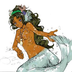 artist_request blue_eyes breasts curly_hair dark-skinned_female dark_skin flat_chest gills green_hair hair_ornament head_fins headfins jewelry lying mermaid monster_girl necklace nipples ponytail smile tied_hair topless water wet