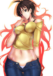 1girls ahoge arms_behind_back black_bra blouse blue_panties bra bracelet breasts brown_eyes brown_hair curvy dual_persona female finger_licking finger_to_mouth high_resolution hips impossible_clothes impossible_clothing impossible_shirt jeans jewelry licking lingerie masane_amaha midriff mikazuki_akira navel off_shoulder open_fly panties shirt short_hair solo standing striped striped_panties thigh_gap thighs trimoon unbuttoned underwear unzipped wide_hips witchblade