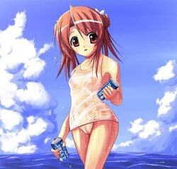 1girls akayoshi_hajime brown_eyes brown_hair cameltoe can flat_chest human mahou_sensei_negima mahou_sensei_negima! mei_sakura nipples one-piece_swimsuit pocari_sweat sakura_mei school_swimsuit see-through see-through_swimsuit sky soda_can solo swimsuit water wet