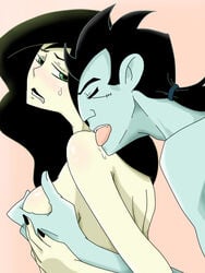 1boy 1girls back breast_grab breasts disney dr._drakken female from_behind grey_skin human kim_possible licking male medium_breasts pink_background psi-missing saliva shego straight tears tongue topless