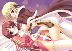 2girls ass bed between_thighs blonde_hair blue_eyes blush breast_press breasts cape cowgirl_position crotch_rub erect_nipples female frills frottage fur gloves hand_holding head_wings headwings high_priest high_wizard holding_hands kawase_seiki large_breasts long_hair looking_at_viewer looking_back lying multiple_girls naughty_face nipples no_panties ragnarok_online red_eyes short_hair smile symmetrical_docking thighhighs thighs yuri