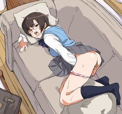 ass babynine black_legwear black_socks blush brown_eyes brown_hair couch dress_shirt footwear glasses knee_socks kneehighs kneesocks legs lying masturbation minato_fumi on_side open_mouth original panties panty_pull pillow pink_panties pussy_juice saliva school_uniform seifuku serafuku shirt short_hair skirt skirt_lift sleeveless_sweater socks sweat sweater sweater_vest underwear vest wince