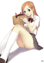 1girls bleach blush bowtie cheese dress_shirt female female_only food footwear grey_eyes hair_ornament hairpin high_resolution human inoue_orihime knee_socks kneehighs kneesocks legs long_hair miniskirt orange_hair panties pantyshot pantyshot_(sitting) pantyshot_sitting pleated_skirt school_uniform serafuku shirt sitting skirt smoked_cheese socks solo taka_tony tako_sausage thighs underwear white_legwear white_panties white_socks