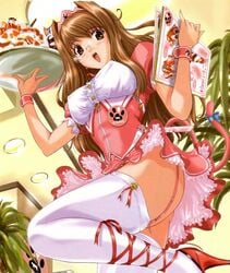 breasts brown_eyes brown_hair canet erect_nipples food frills from_below garter_belt glasses high_heels highres ice_cream large_breasts long_hair menu no_panties parfait paw_print ribbon ribbon_shoes shoe_ribbon shoes smile tail thick_thighs thighhighs thighs tray upskirt waitress wrist_cuffs