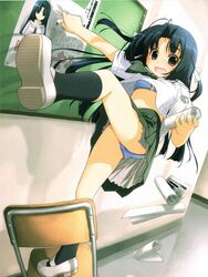 1girls agata_itsuki black_eyes black_hair black_legwear black_socks blouse blue_panties bra breasts cameltoe chair dojikko falling female female_only hair_ribbon hair_ribbons highres kneehighs lace-trimmed_panties lingerie long_hair mary_janes miniskirt neckerchief open_mouth panties pantyshot pleated_skirt ribbon ribbons school school_uniform schoolgirl seifuku shoes skirt skirt_lift small_breasts socks striped striped_panties tear underwear upshirt upskirt