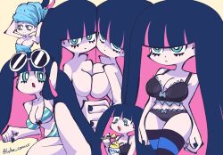 6girls areola_slip areolae big_breasts black_bra black_panties bow_bra bow_panties bra breasts breasts_to_breasts breasts_together inker_comics inkershike large_breasts lingerie panties panty_&_stocking_with_garterbelt picot_trim picot_trim_bra picot_trim_panties pink_skin purple_hair stocking_anarchy stockings striped_swimsuit swimsuit towel towel_around_waist towel_on_head twitter_username two-tone_hair underwear