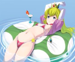 1girls 2013 arms_up bikini blonde_hair blue_eyes breasts capelet cocktail cocktail_glass crown cup drink elbow_gloves eyebrows_visible_through_hair female female_only flat_chest floatie glass gloves hair_between_eyes jewelry long_hair looking_at_viewer lying mario_(series) masao navel necklace nintendo on_back partially_submerged princess_peach puffy_short_sleeves puffy_sleeves red_bikini side-tie_bikini small_breasts solo super_mario_bros. super_mario_bros._(nes) super_mushroom swimsuit teeth thighs water white_gloves