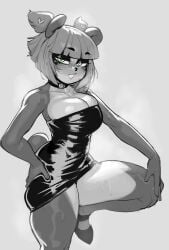 alternate_version_available anthro big_breasts black_and_white blunt_bangs blush choker cleavage dress eyebrows_visible_through_hair female grabbing_own_ass greyscale krekk0v looking_at_viewer monochrome nuwa_nightstone panda skindentation sweat